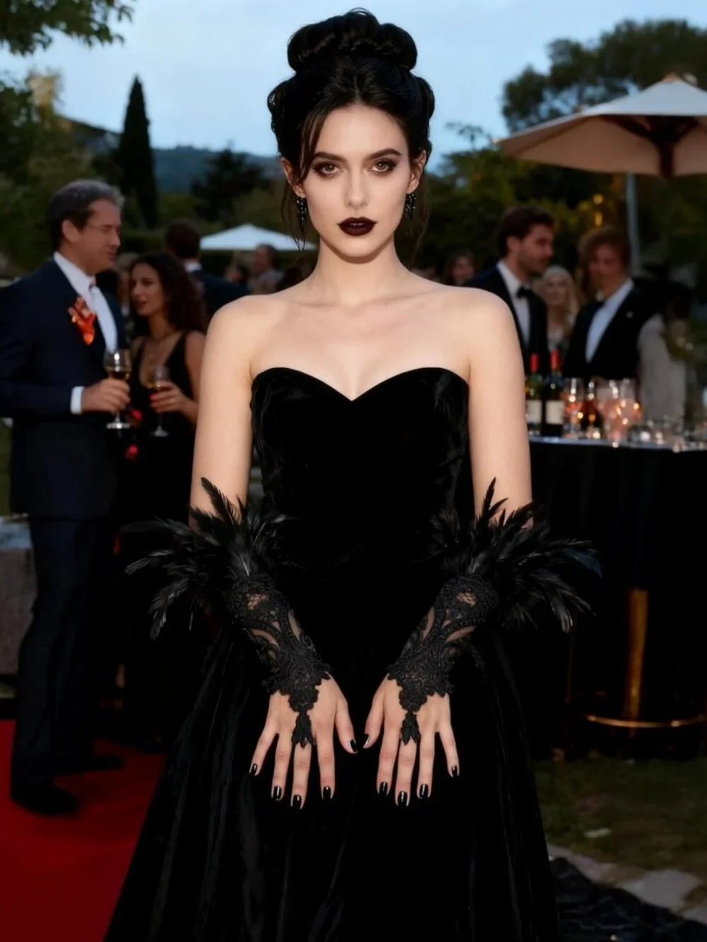 Elegant Lace Feather Long Gloves - Gothic Mesh Cuff for Wedding & Halloween